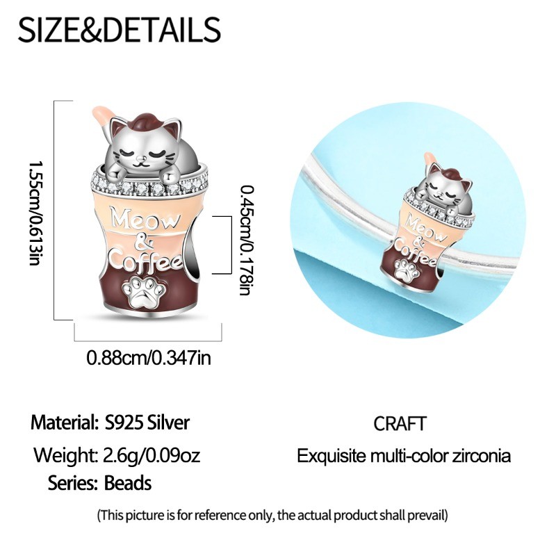 KUNSIR Coffee Cup Cat Bead Charm for Bracelets, 925 Sterling Silver DIY Charms