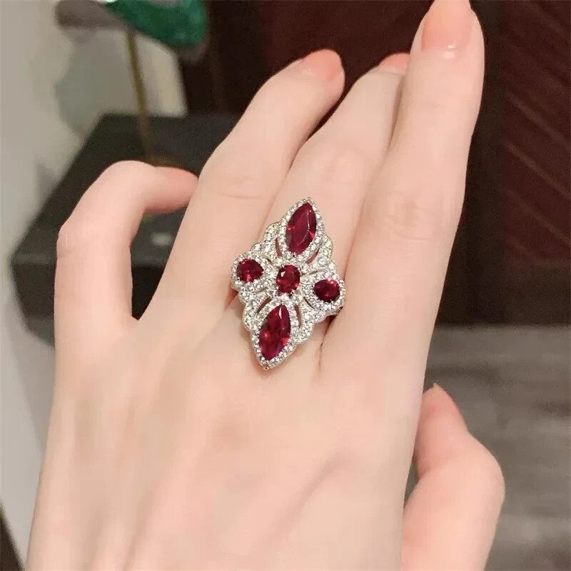 3Ct Marquise Cut Lab-Created Ruby Art Deco Engagement Ring 14K White Gold Plated