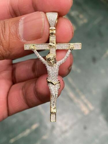 1.80Ct Round Cut Real Moissanite Crucifix Cross Pendant 14K Yellow Gold Plated