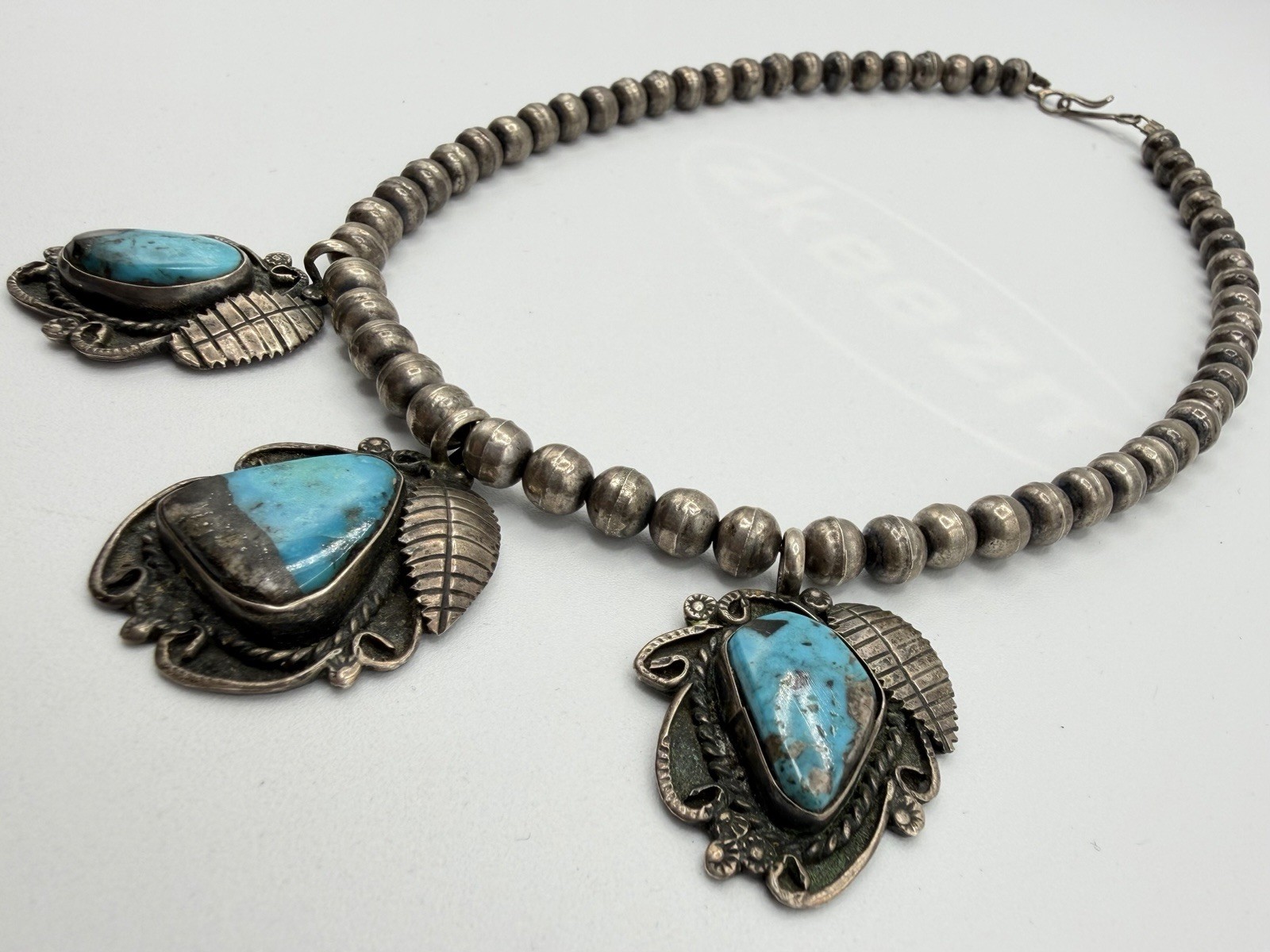 50g Vintage Navajo Persian Turquoise Sterling Silver Pendant Ball Beads Necklace