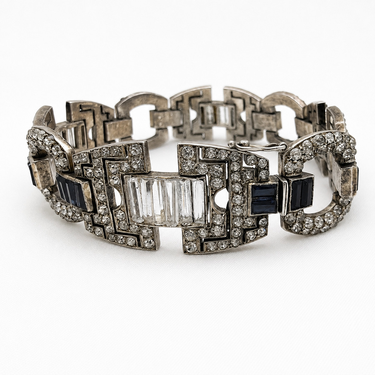 Antique Art Deco 935 Silver Bracelet Blue Clear Glass Argentina 7 7/8 in