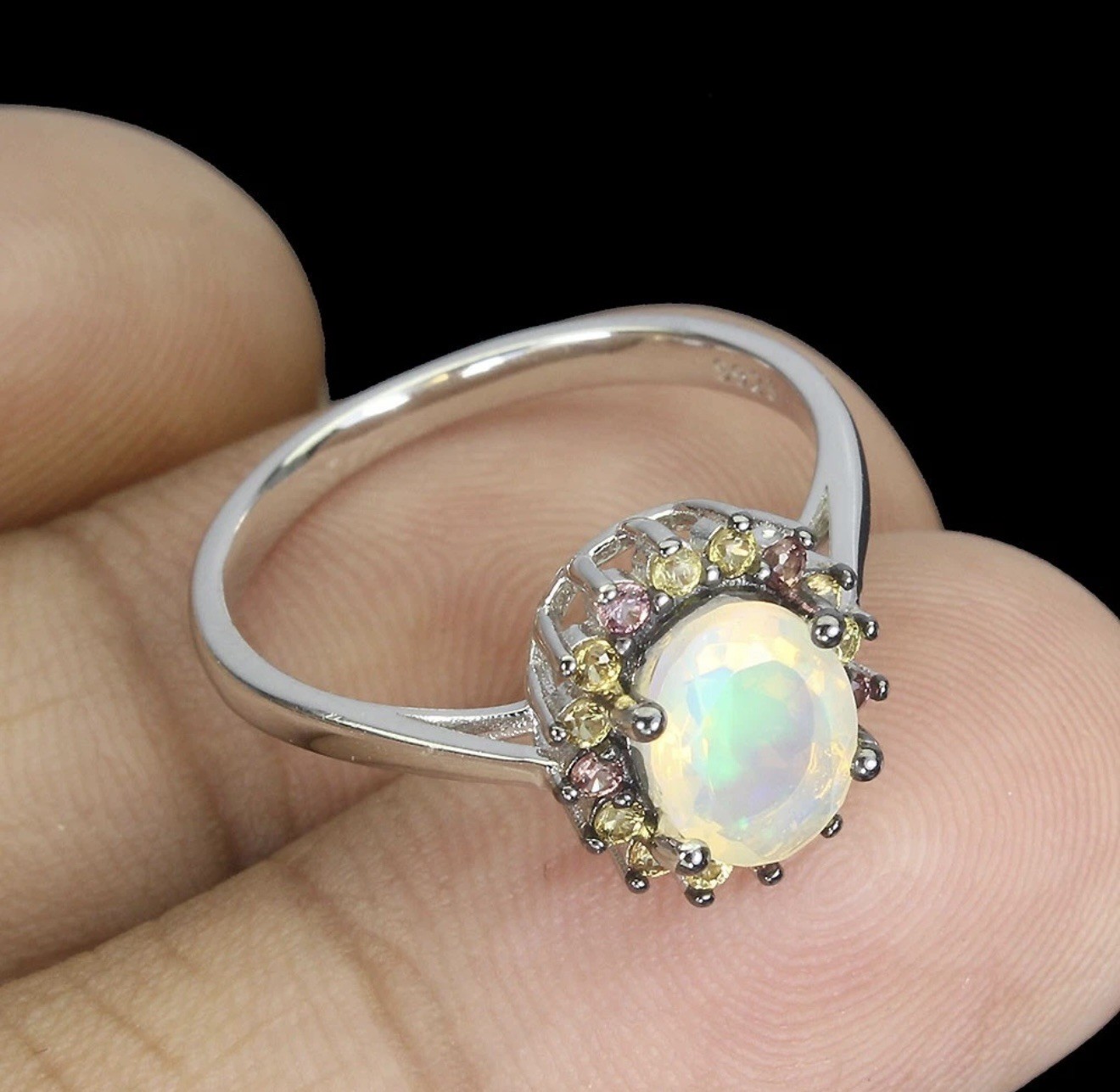 Enchanting Natural Diamond cut Sapphire with Fire Opal 925 Sterling Silver Sz 7