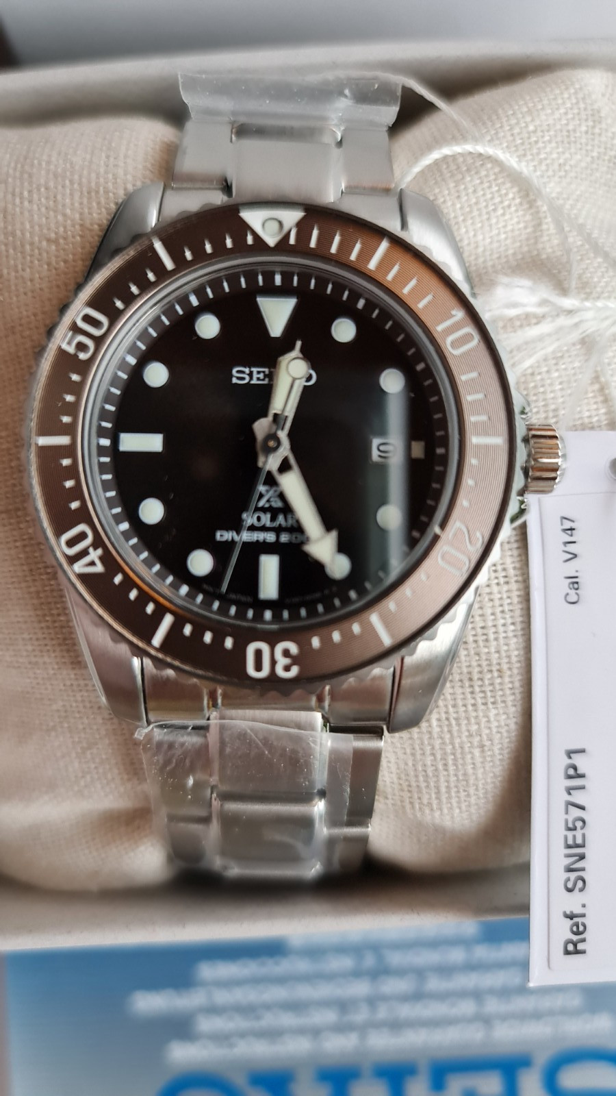 SEIKO ProspeX SNE571P1 Solar Sea Diver Watch 200m 39mm Mini Scuba Brown Date
