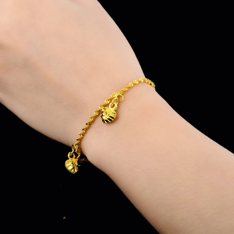 Gold Tone Heart Bracelet Women Water Wave Pendant Polished Chain Jewelry