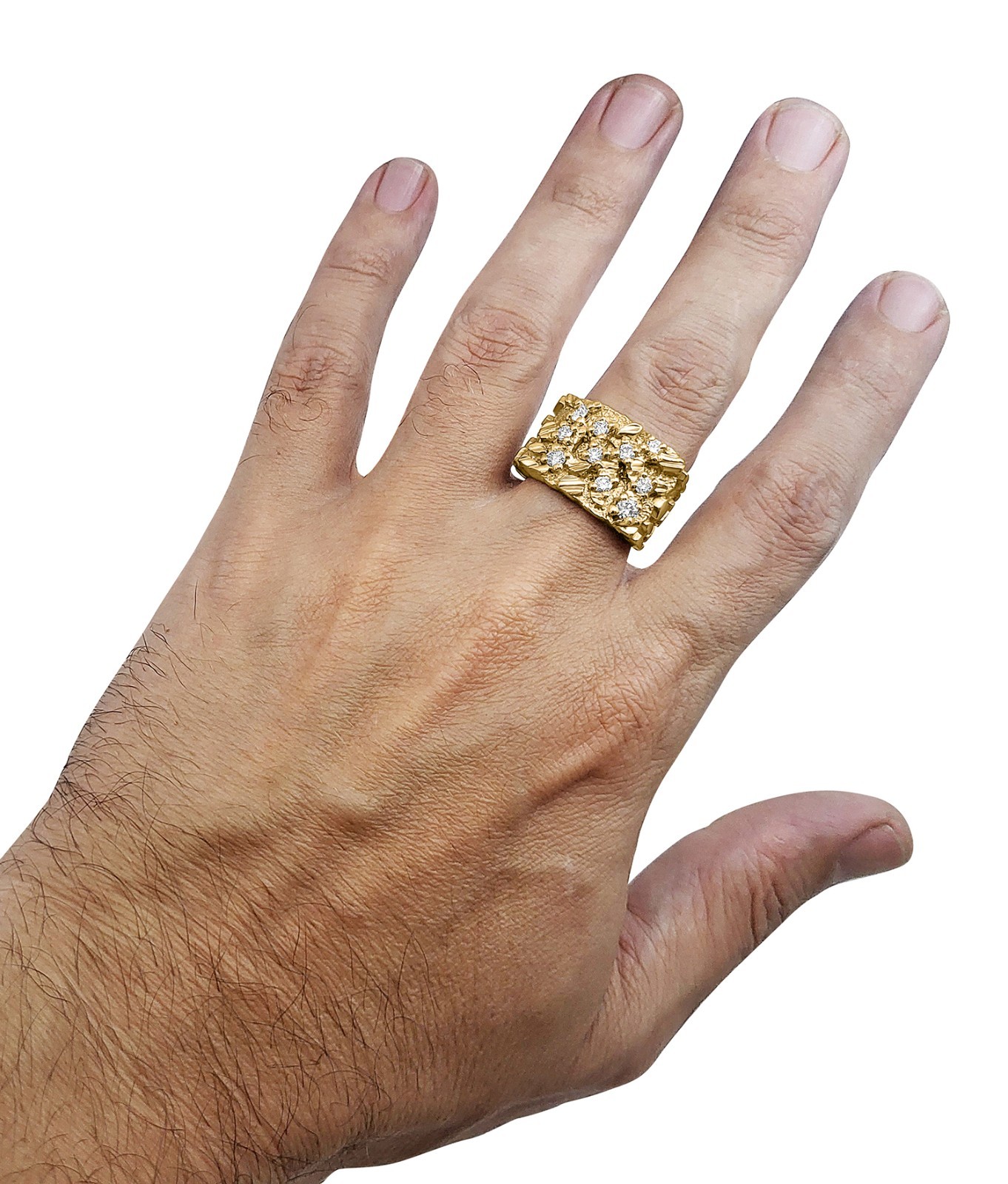 Real 14K Yellow Gold .70 Carat Wide Face Diamond Mens Nugget Ring Natural or Lab