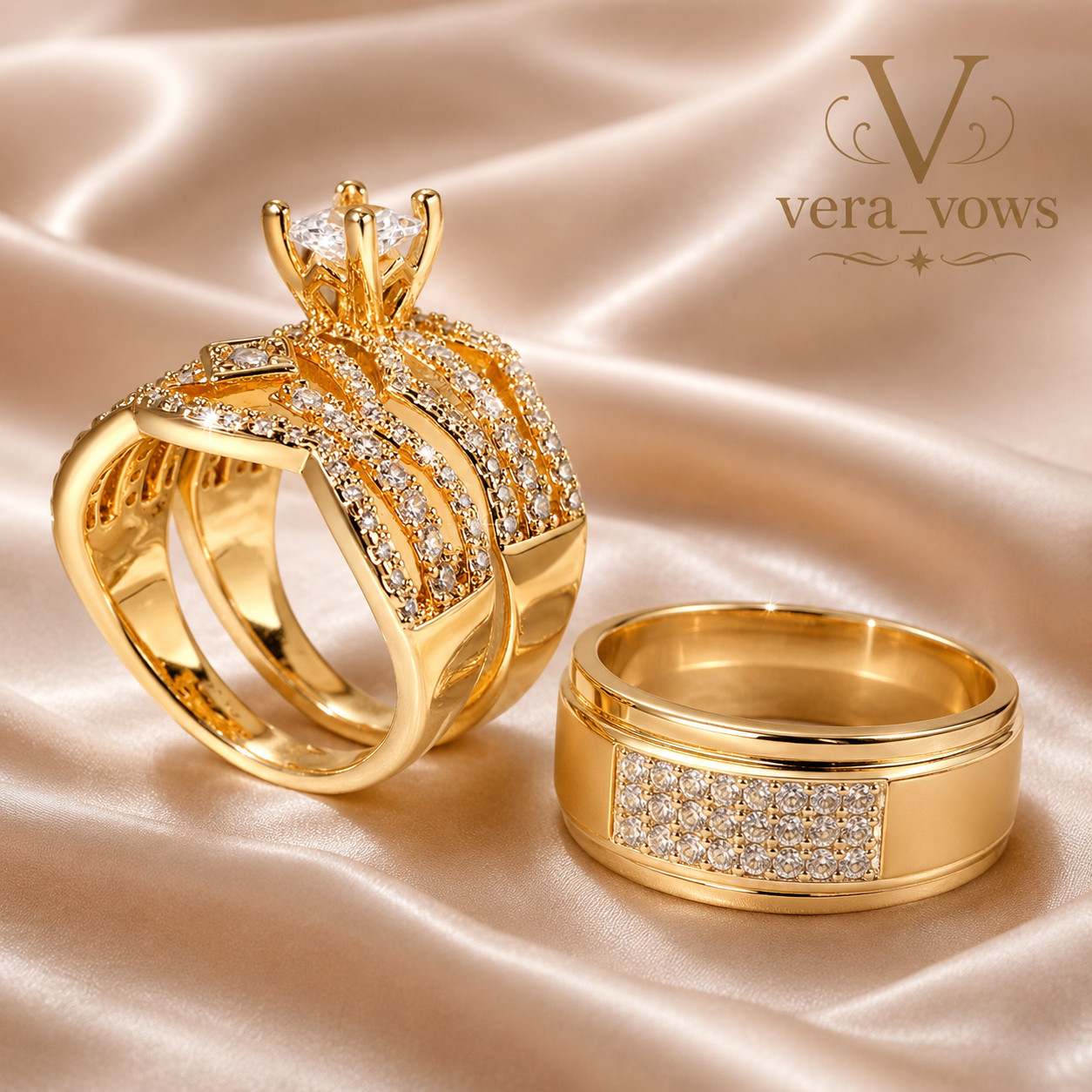 Pass Test His/Her Trio Ring Attractive 2Ct Moissanite 14k Yellow Gold Plated Set