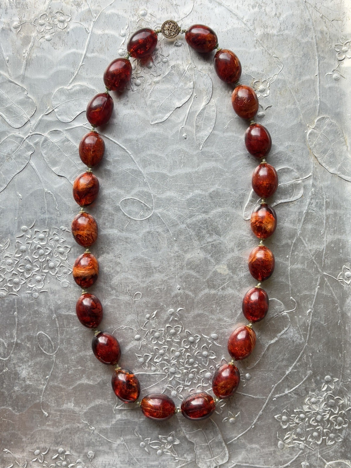 VTG 1930s Pressed Baltic Amber Chunky Art Deco Statement Necklace Sterling Clasp