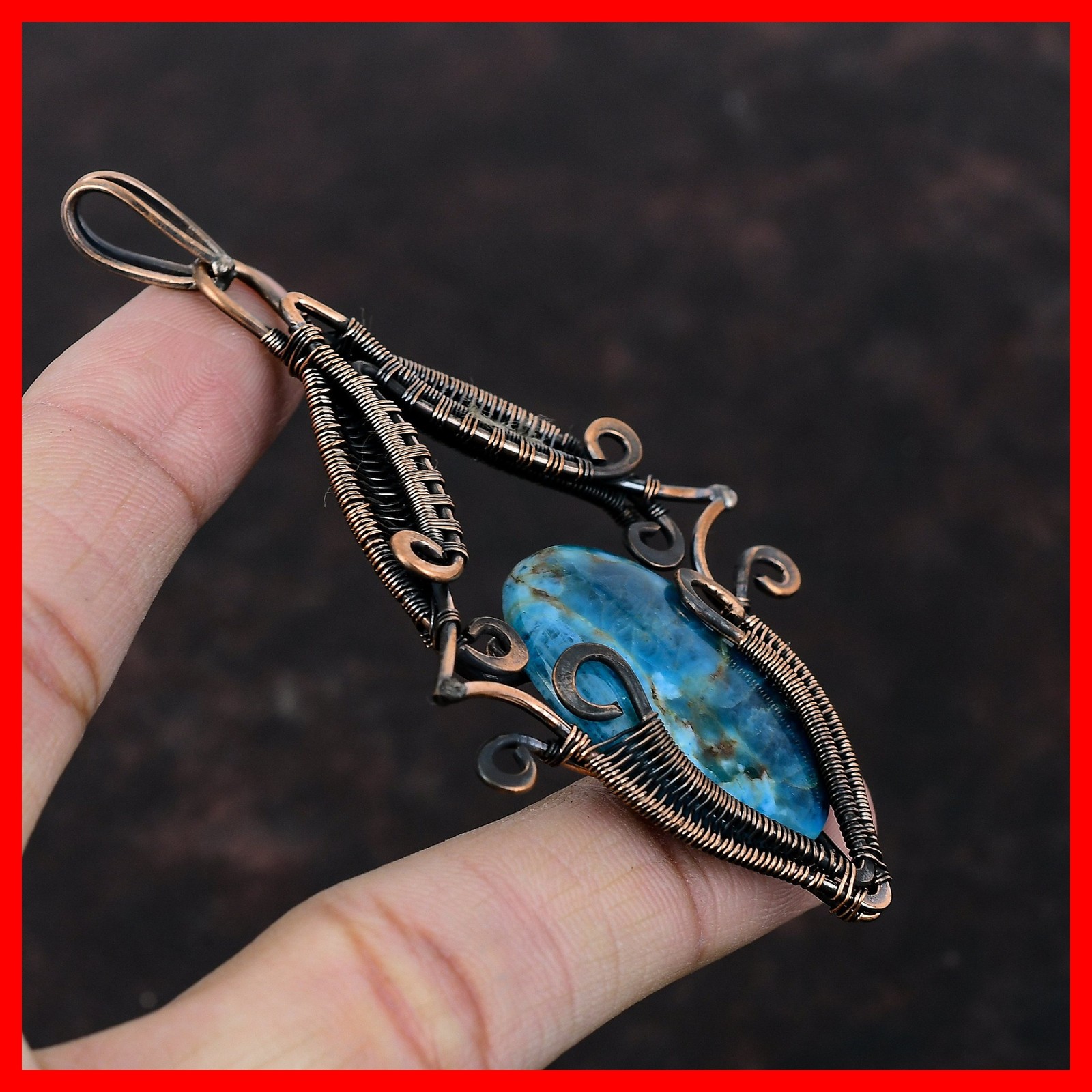 Copper Oval Neon Apatite Gemstone Birthday Art Deco Wire Wrapped Pendant Jewelry