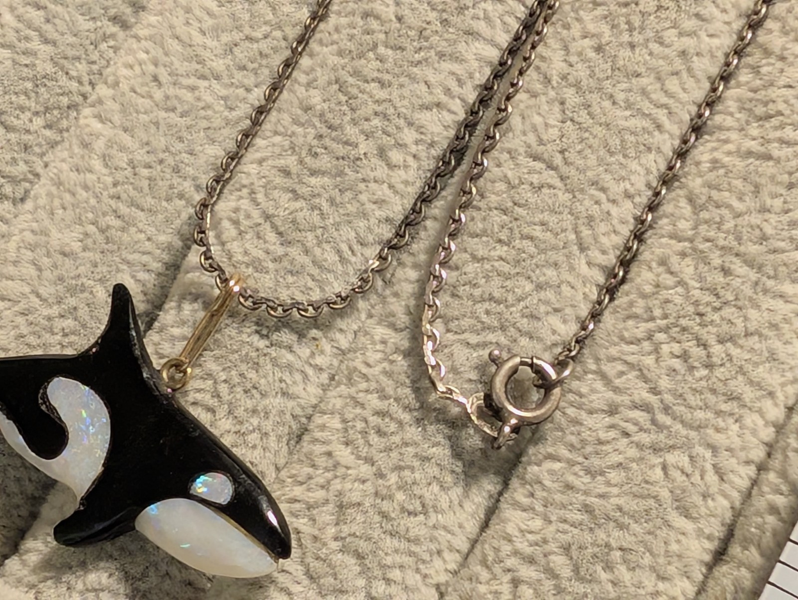 Inlaid Black Coral & Genuine Opal Sea Wolf Killer Whale Pendant W/ .925 Chain!