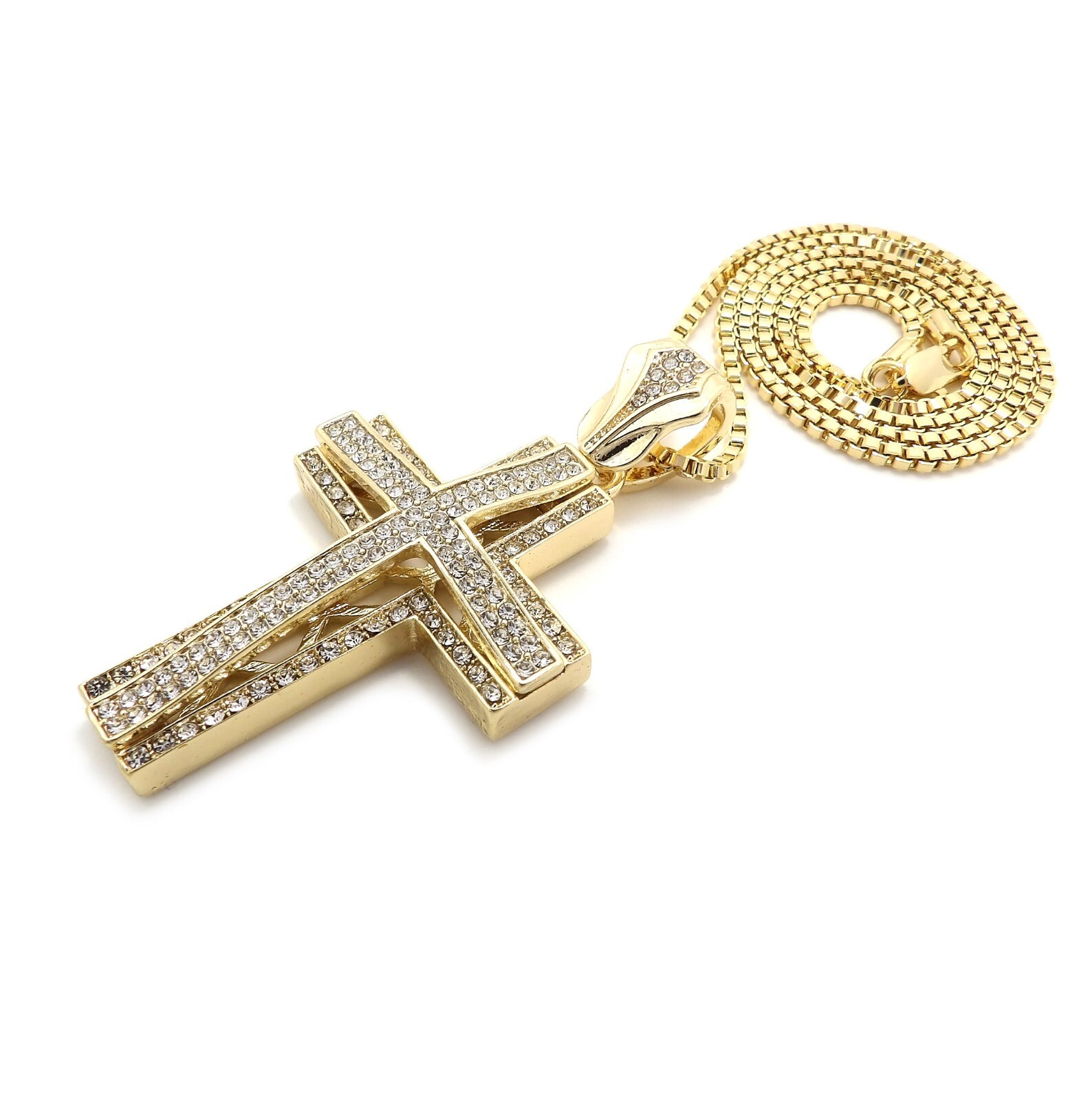 Stone Filled Cross Pendant Box, Cuban, Rope Chain 18″ to 24″ Necklace GAP5