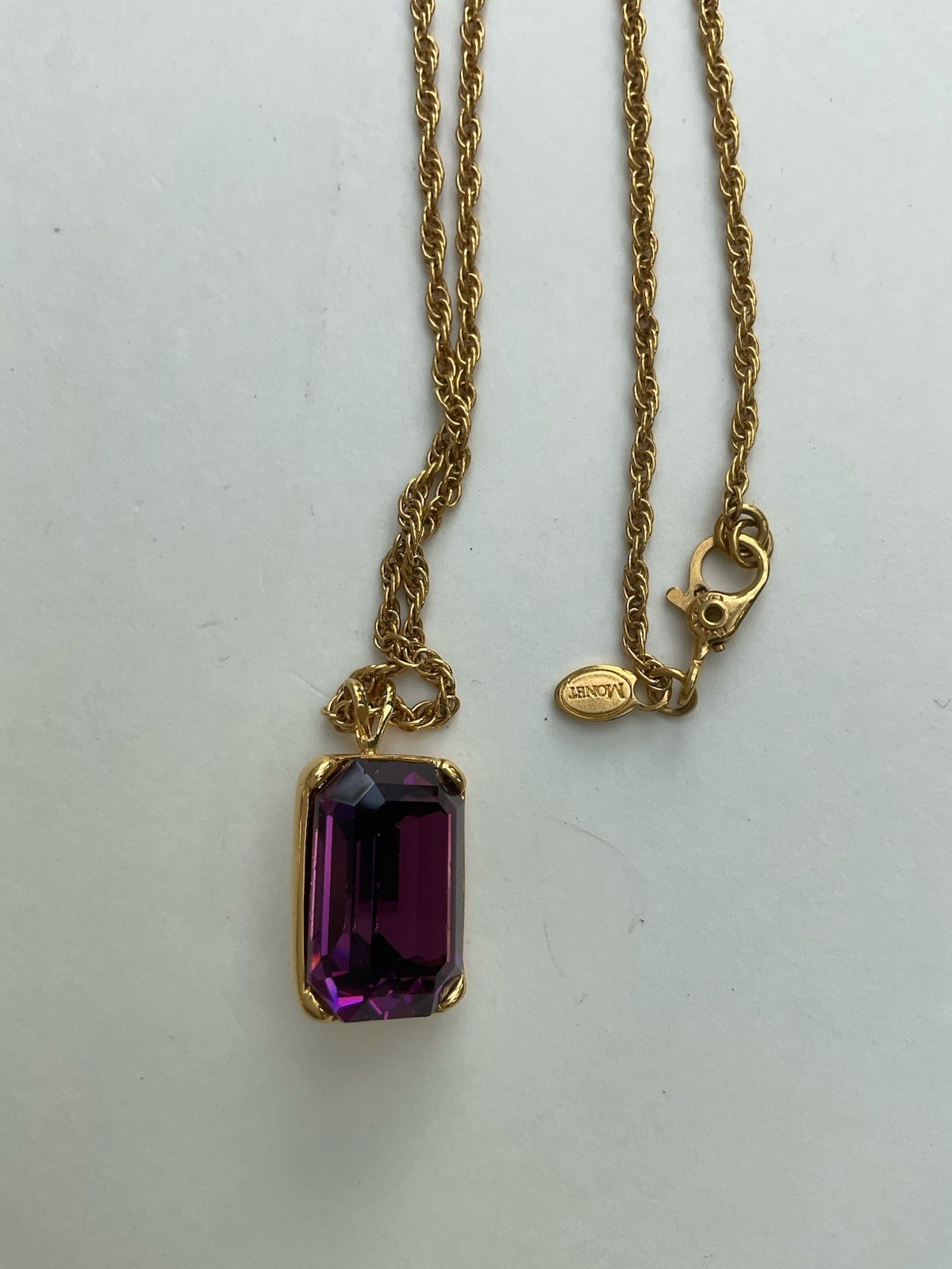 Vintage Monet Emerald-Cut Faux Amethyst Pendant Necklace