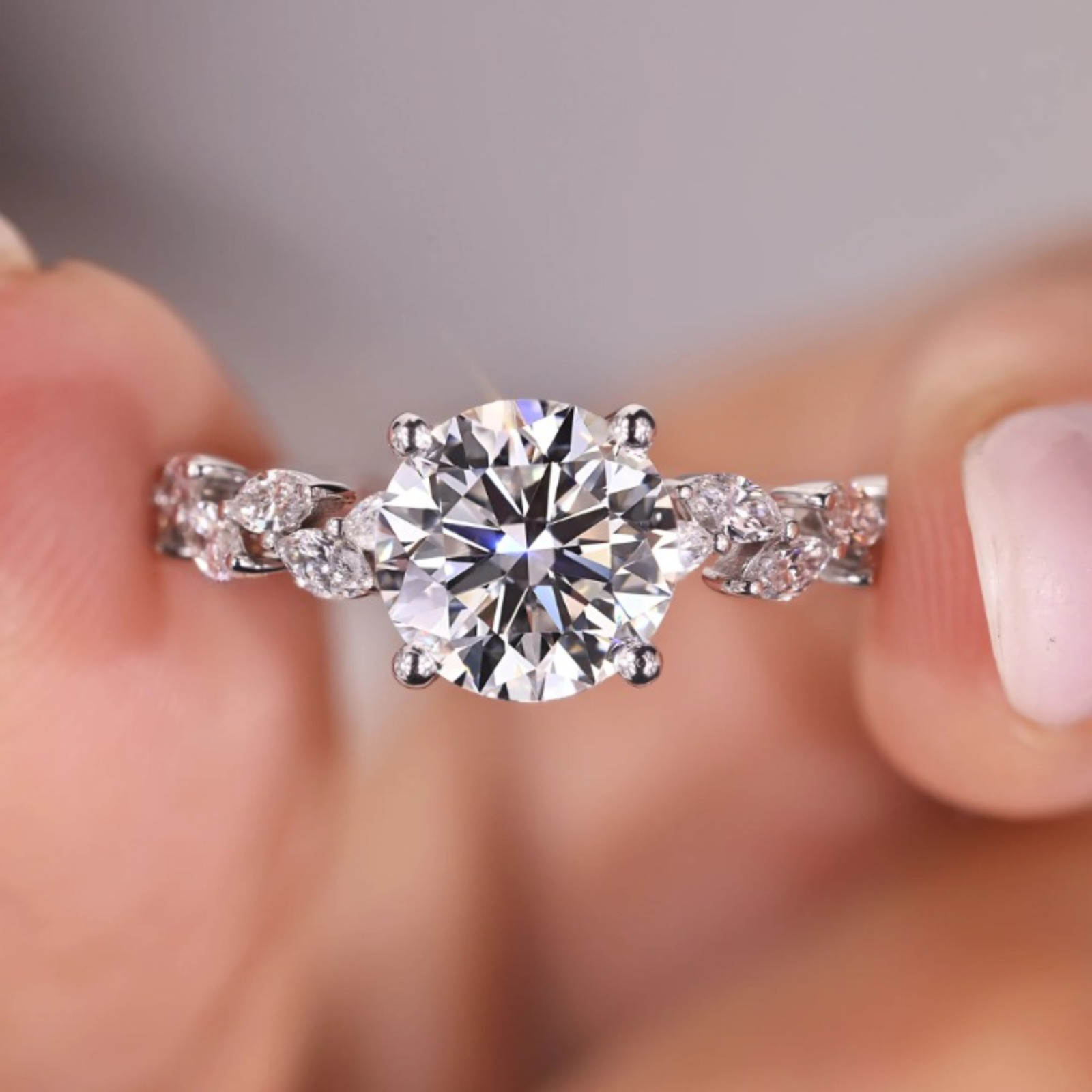 1.50 CT Round & Marquise Lab Grown Diamond Ring In Pave Style-Certified 14k Gold
