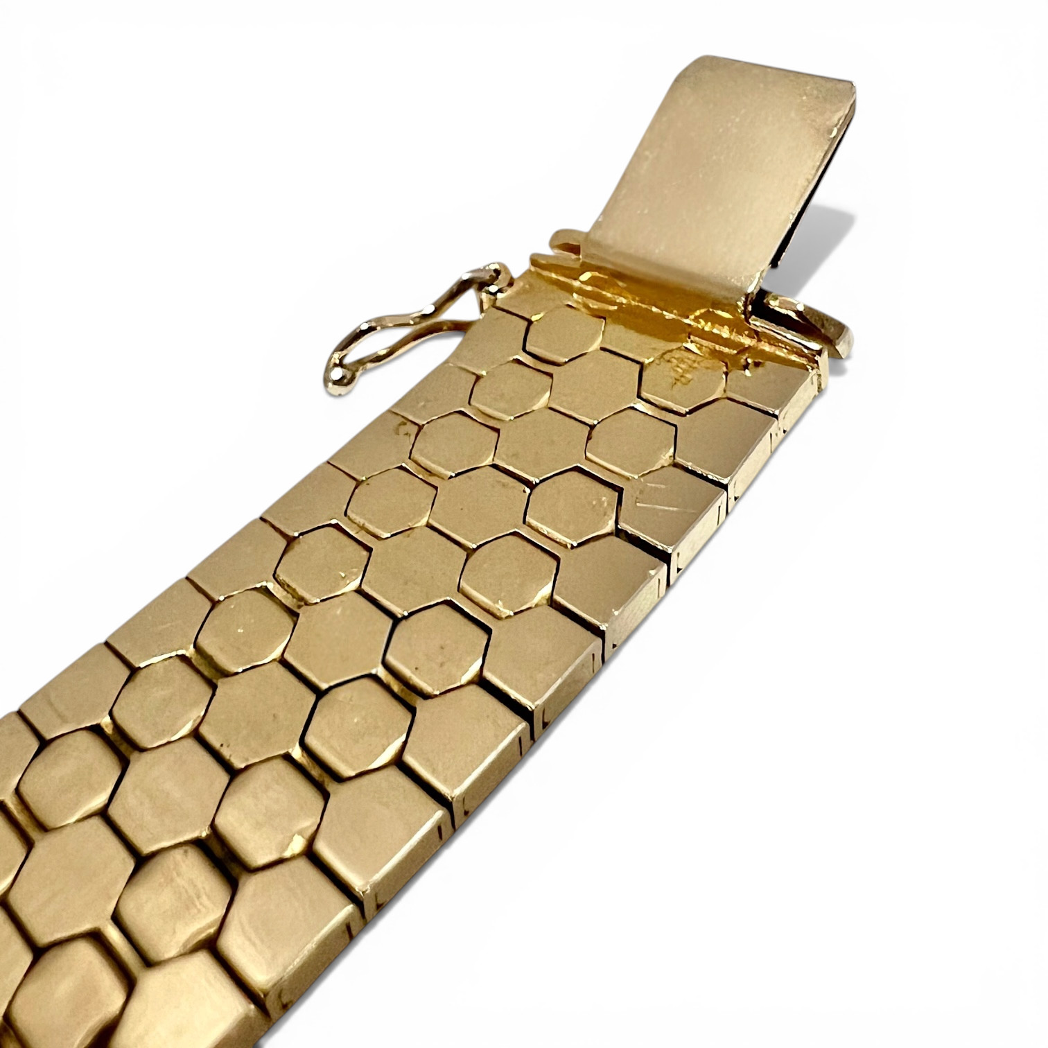 Vintage Italian Honeycomb Link Bracelet Heavy Gold Plated Wide Retro 7.25″ 35.4g