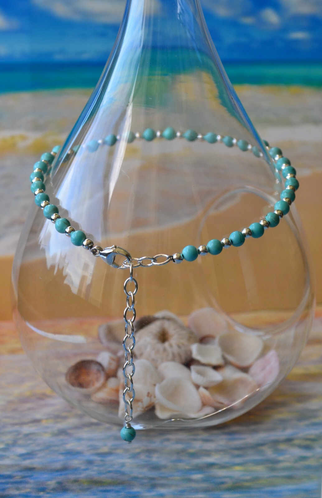 4mm Turquoise Bead and 3mm Sterling Silver Bead Ankle Bracelet 9 to 11 Inches