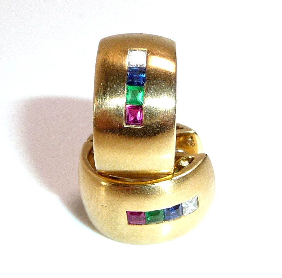 750 Yellow Gold Ruby Sapphire Emerald Diamond Hoop Earrings 9 Grams 15mm