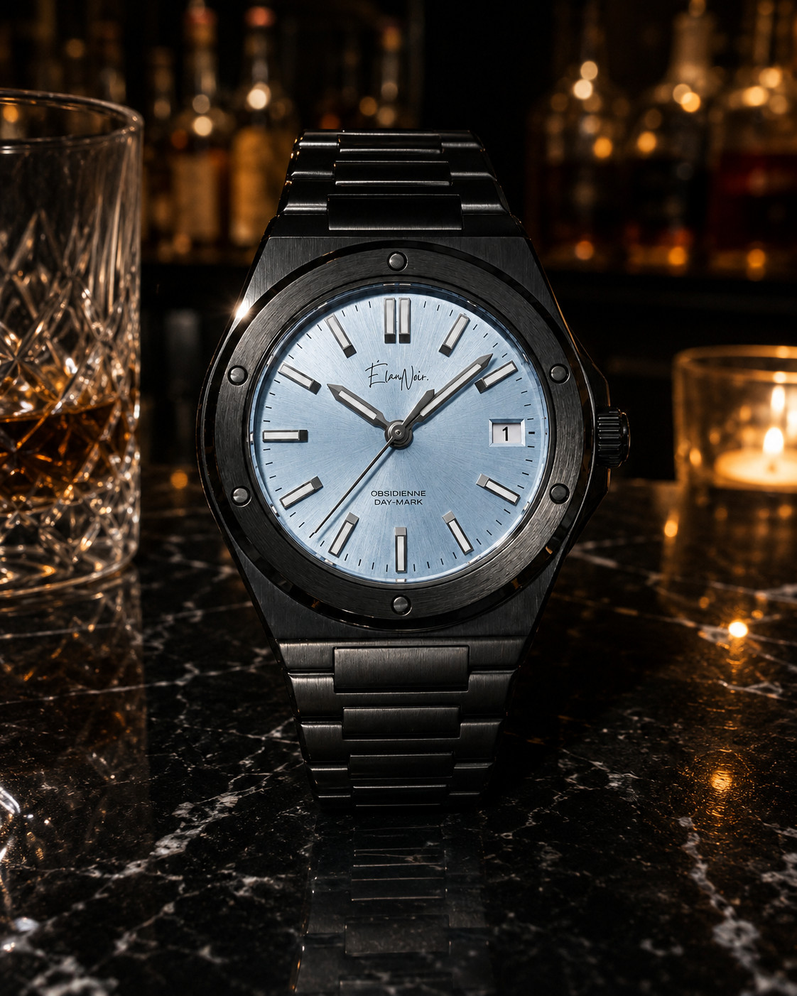 Custom Élan Noir Day-Mark Auto NH35 Watch Light Blue Dial Sapphire Steel 41mm