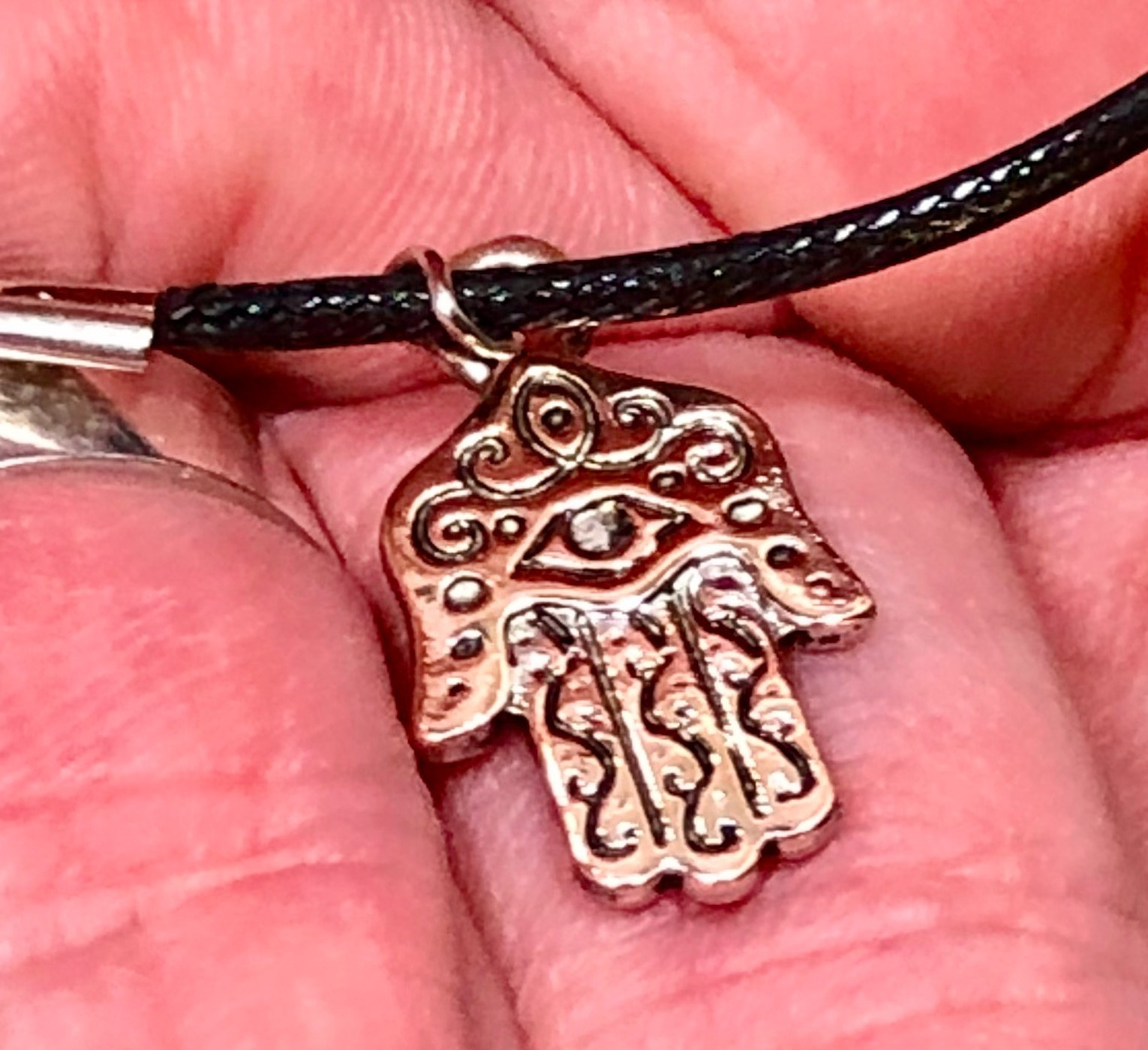 Hamsa Hand Evil Eye Pendant Choker Necklace Luck Happiness Rose Color Silver 18″