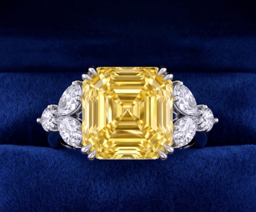 5.30 Ct Certified Asscher Cut Yellow Natural Diamond Ring VVS1 White Gold Finish