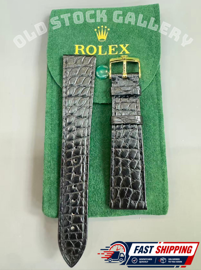 💎ROLEX Black Leather Crocodile Band 20/16mm With Rolex Crown Buckle Gold NOS