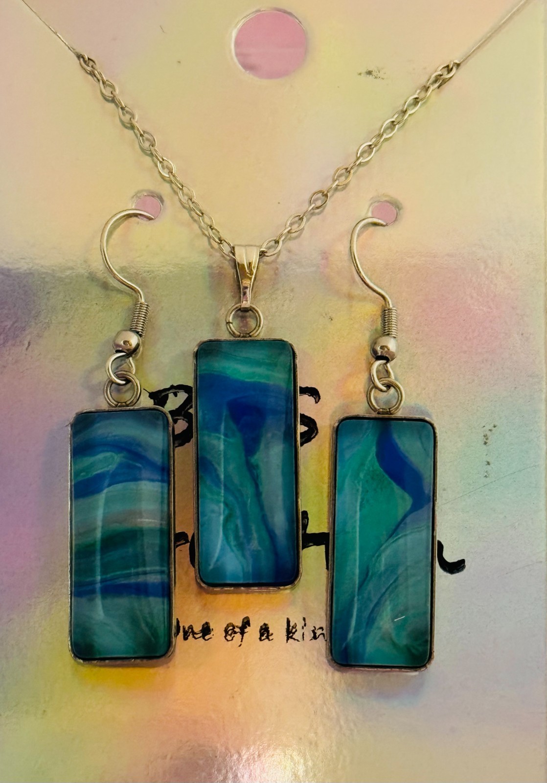 Rectangle Pendant & Earring Set One of a kind Hand-Painted by Ozark Artist-Me