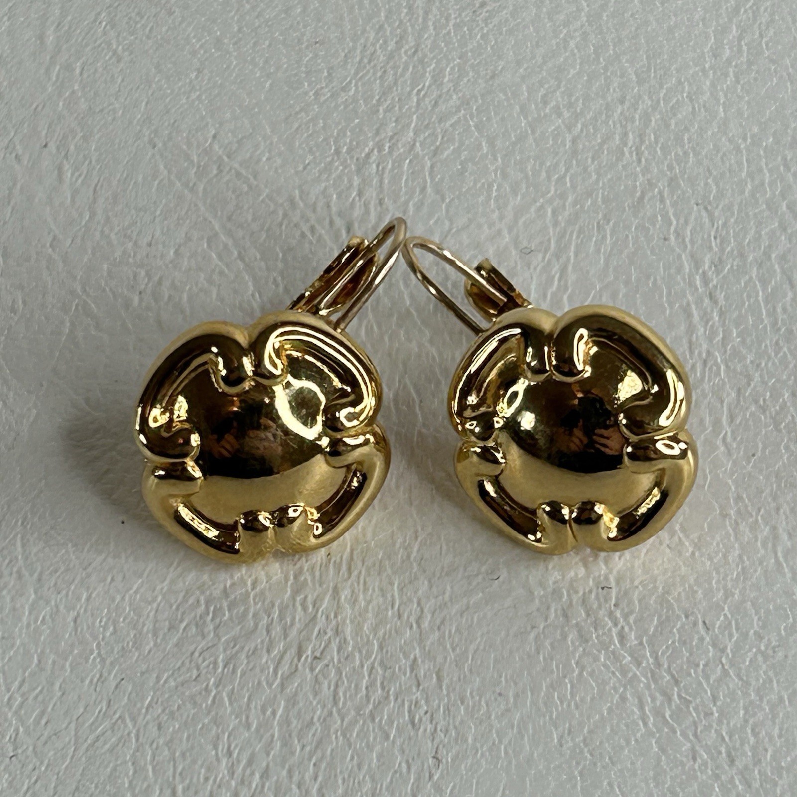Vintage Monet Lever Back Earrings Gold Tone Button Dome Quatrefoil Motif