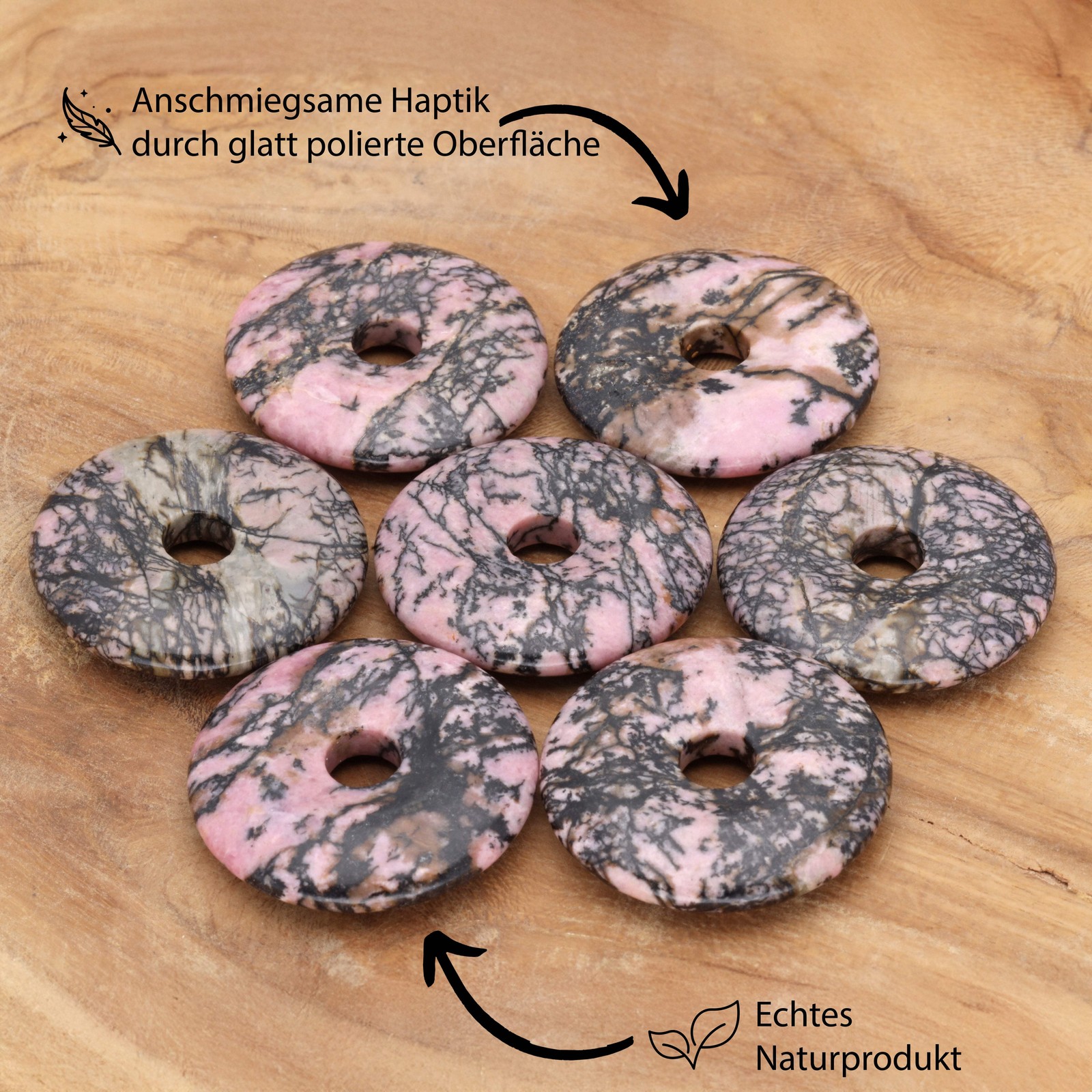 Rhodonite Donut 30mm Pendant with Cotton Ribbon | Gemstone Jewellery