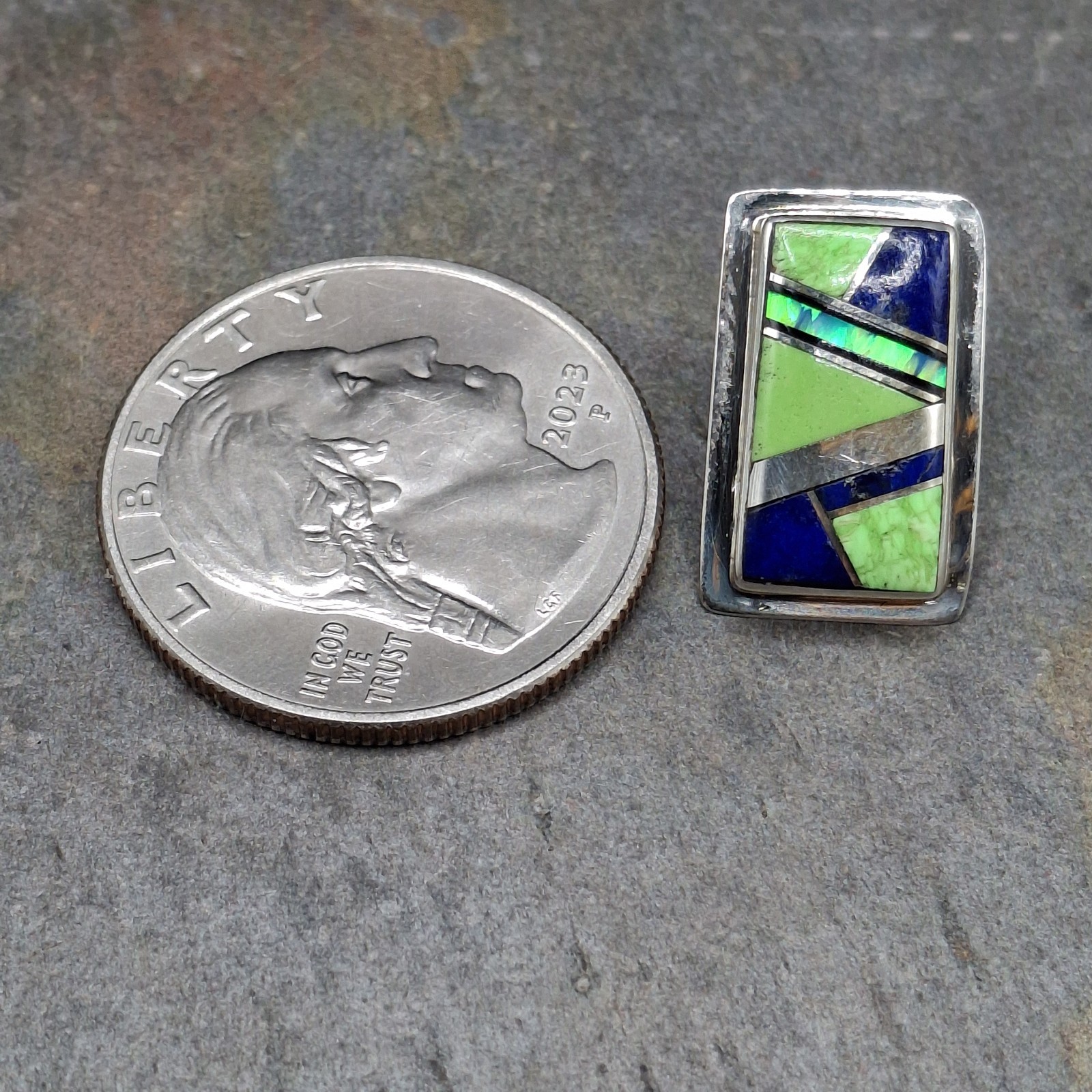 Native American Lapis Gaspeite Sterling Silver Stud Earrings Signed SF Francisco