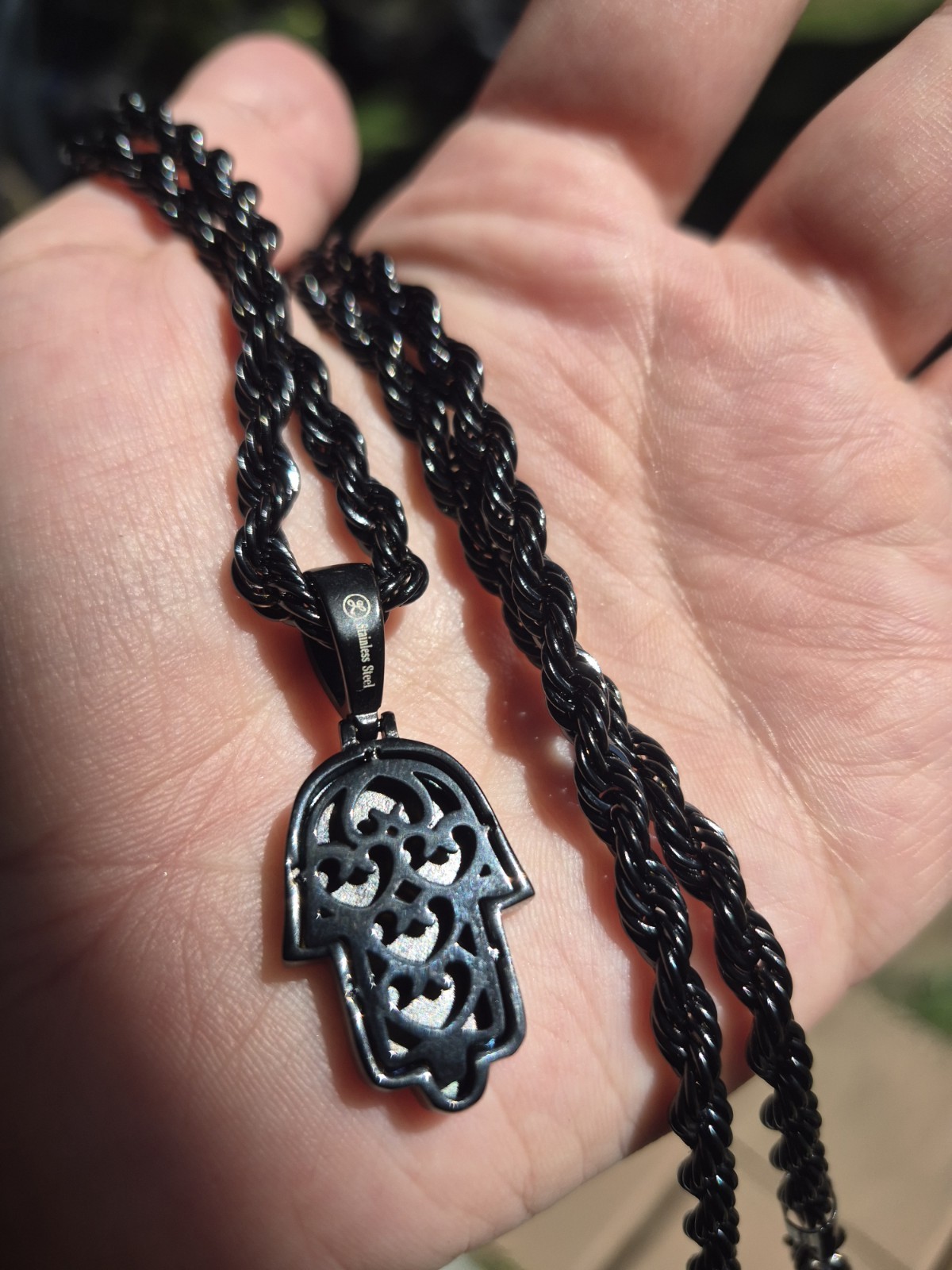 Hamsa Black Stainless Steel Rhodium 20in Twisted Rope Necklace Hamsa Pendant