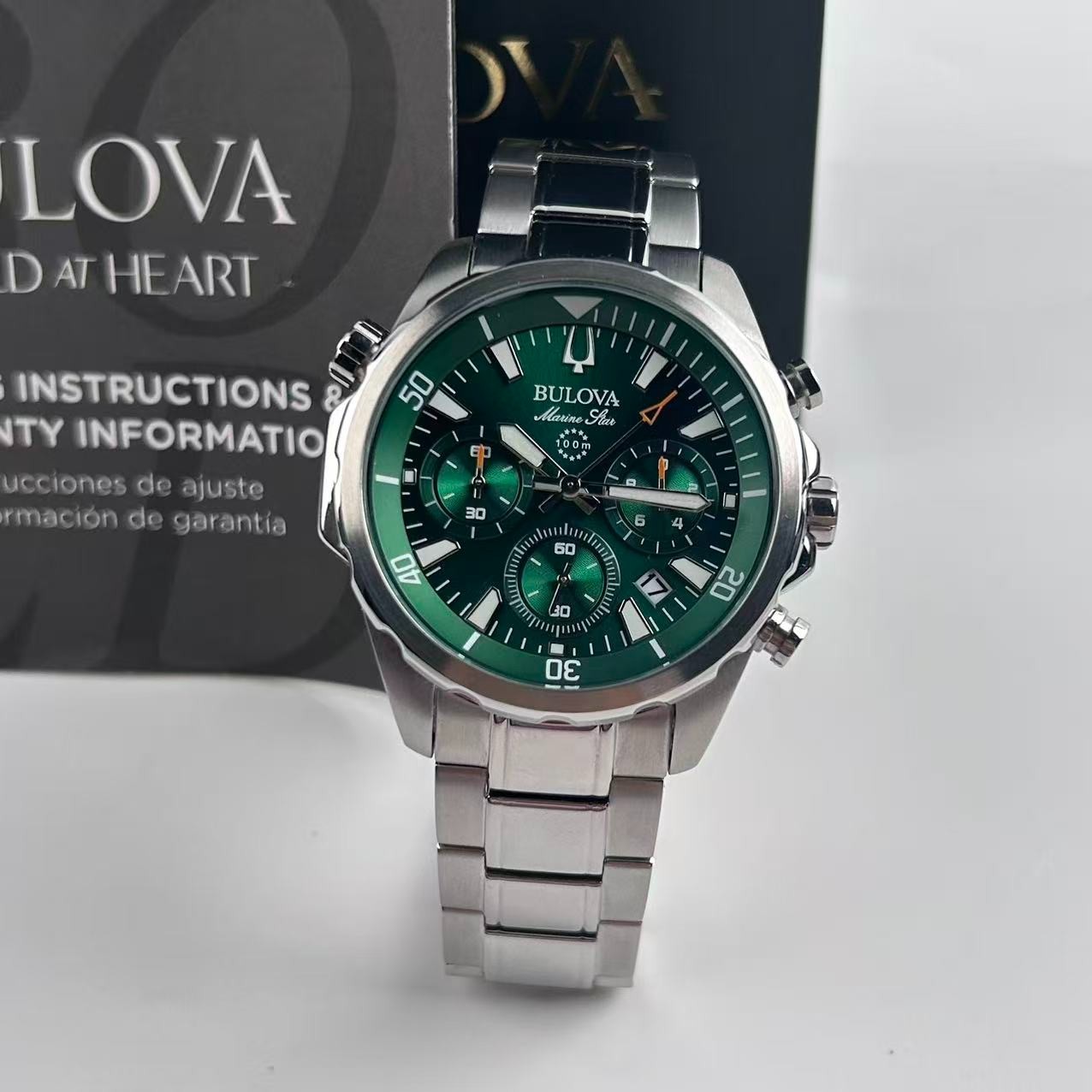 New Bulova Marine Star 96B396 Green Dial Men’s Chronograph Quartz Watch 43 mm