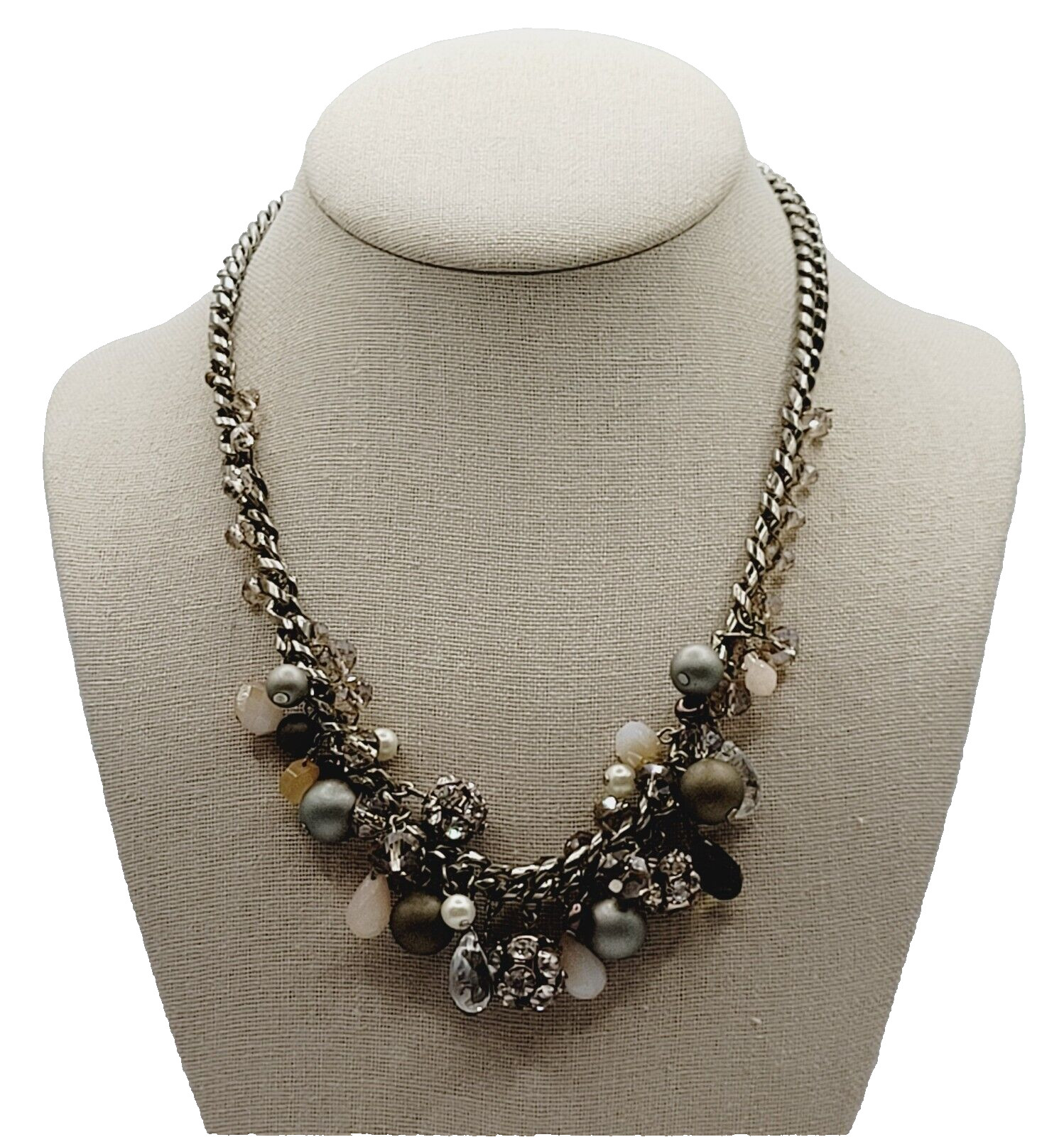 Loft Ann Taylor Sparkling Multi Bead Shape Silver Tone Cluster Necklace Signed