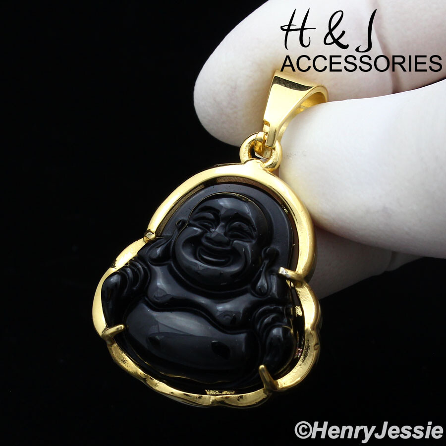 18-36″Stainless Steel 3mm Gold Plated Box Chain Black Onyx Buddha Pendant*AG123