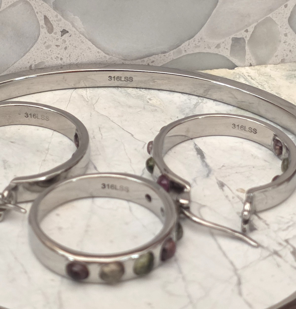 Multi-Tourmaline Bracelet (7.25 In), Ring, Earrings in Stainless 2.85 ctw Sz8