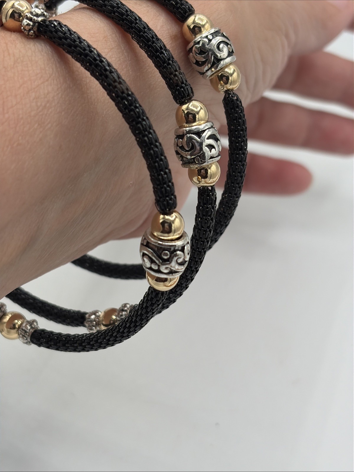 Beaded Bicep Coil Wrap Bracelet Black Silver Gold Tone Beads Large