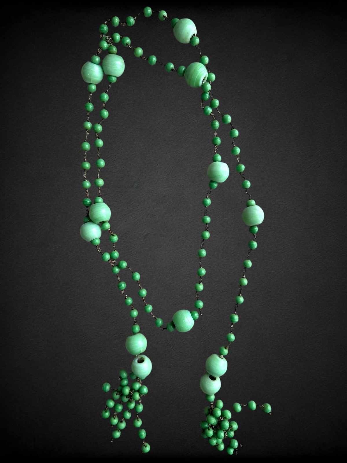 Antique Art Deco Jadeite Green Glass Sautoir Tassel Lariat Beaded Czech Necklace