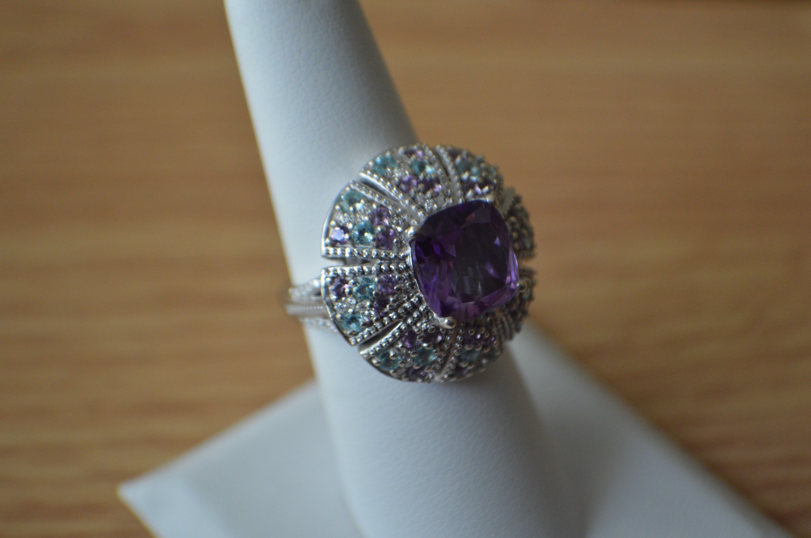5.85ct Morrocan Rose Quartz / Multi Gemstone Ring Rhodium over Silver Size 7