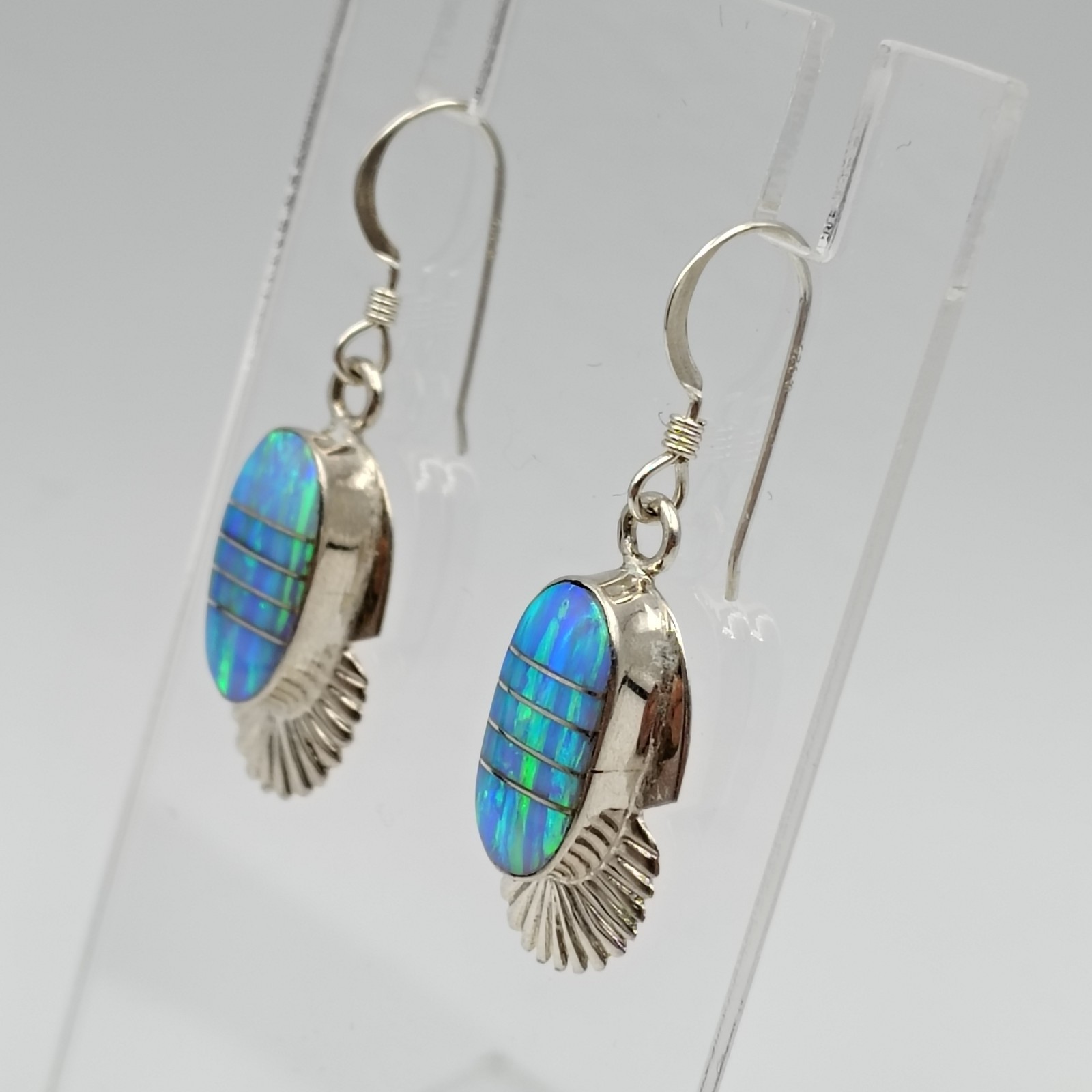 Roger Skeet Navajo Sterling Silver 925 Lab Opal Inlay Dangle Earrings