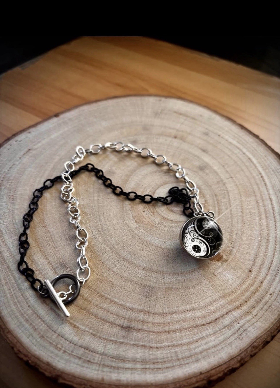 Silver & Black Cable Chain Toggle Bracelet w/ Round Yin Yang Dangle Charm