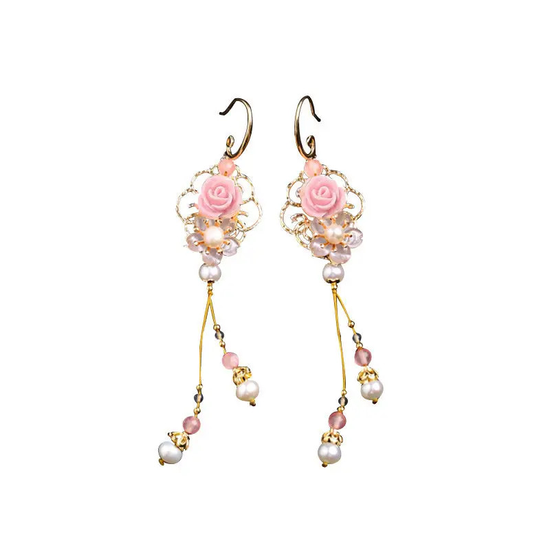 1Pair Chinese Ethnic Long Earrings Pink Flower Tassels Hanfu Accessories Gift