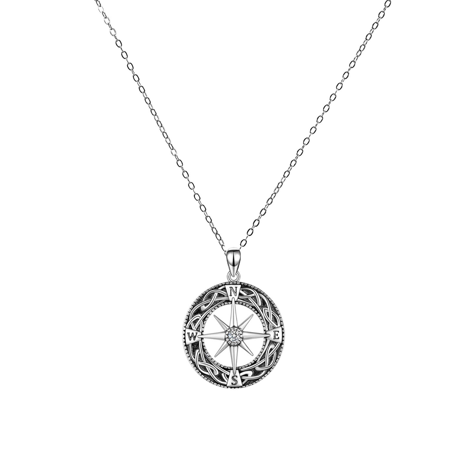 Cable Chain Necklace Pendant Compass Zircon 925 Sterling Silver Lady/Mr
