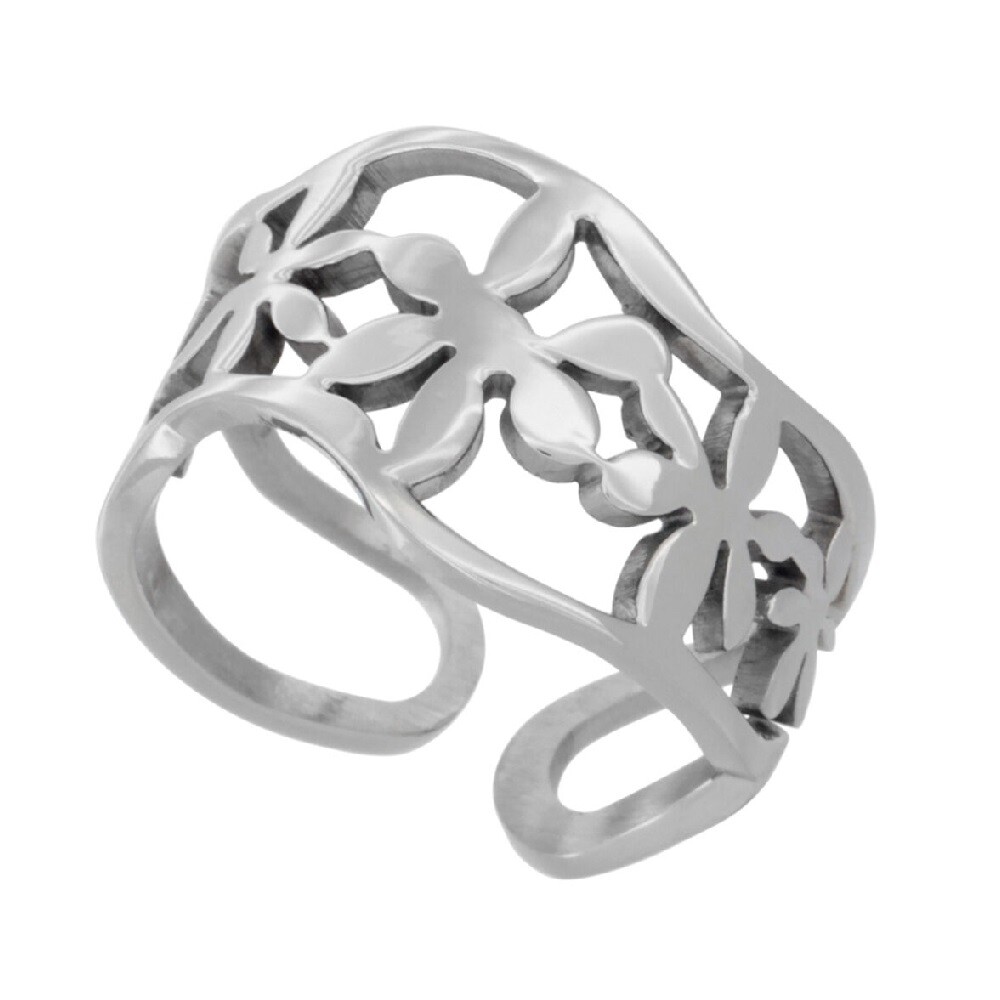 Open Bottom Adjustable Stainless Steel Flower Floral Wavy Cuff Ring