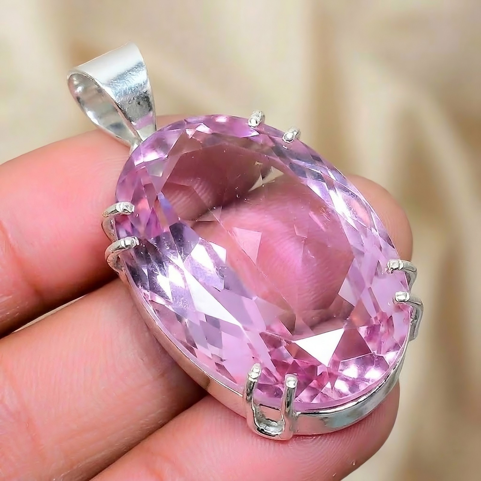 Pink Kunzite Gemstone Silver Pendant 925 Sterling Silver Jewelry Pendant
