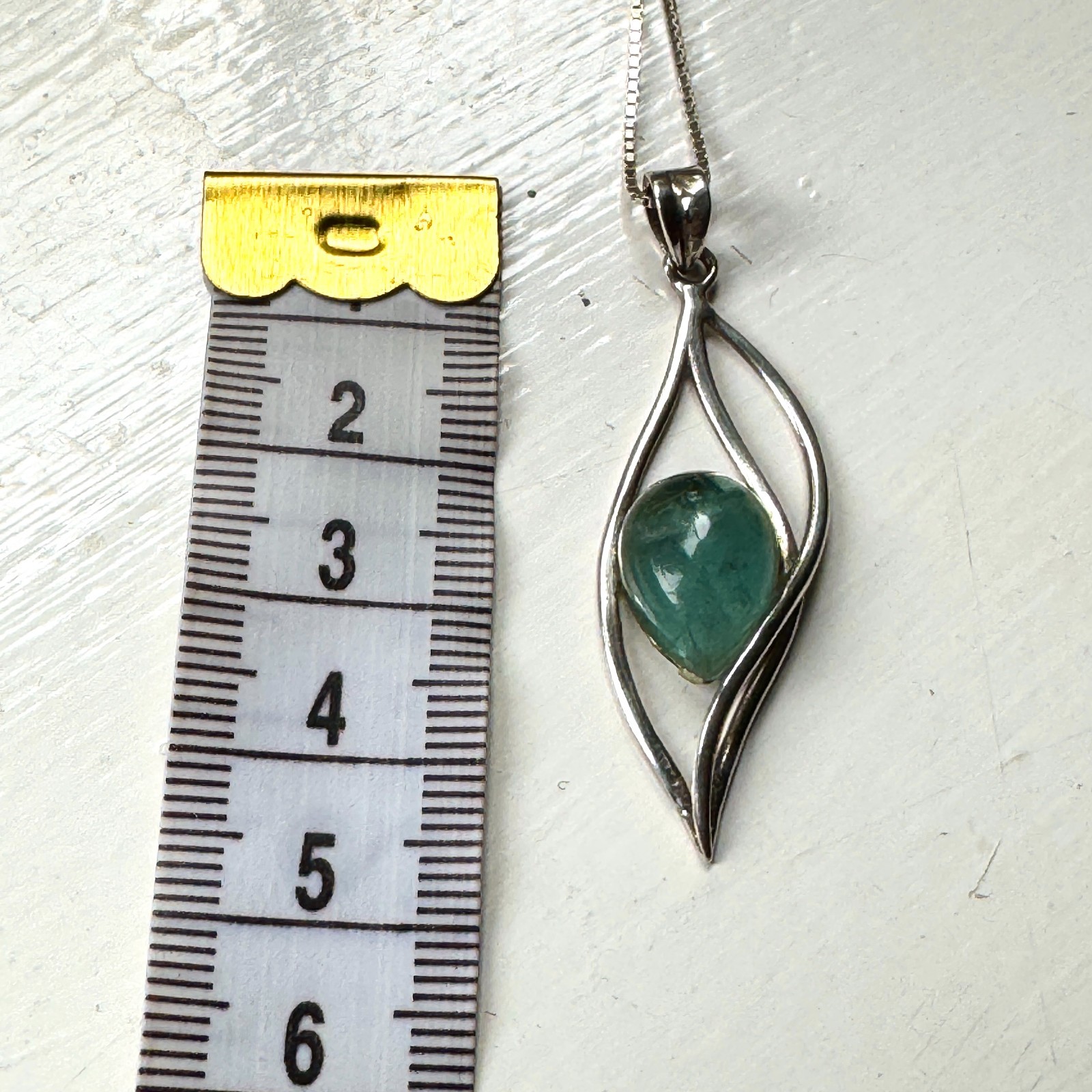 Sterling Silver 925 Modernist Pendant Chain Necklace 46cm Green Cabochon