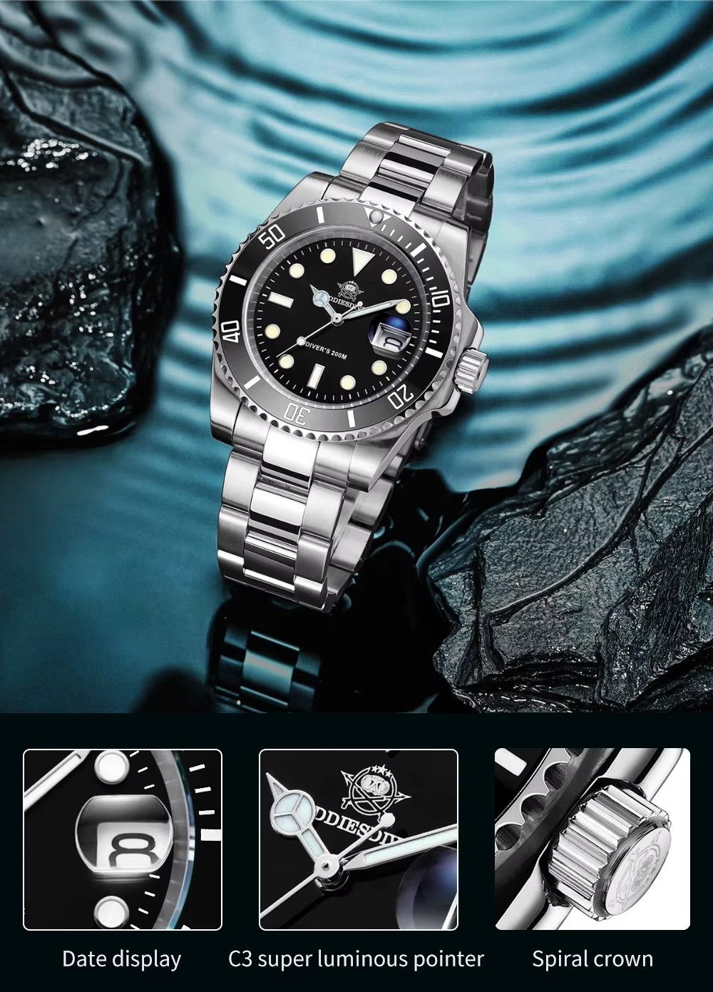 ADDIESDIVE Men’s Dive Watch 200M Quartz Stainless Steel 316L Black Sports Watc