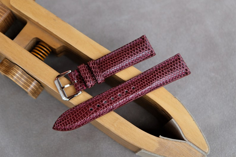 Real Burgundy Lizard Leather Watch Band Buckle Custom Watch Strap Handmade