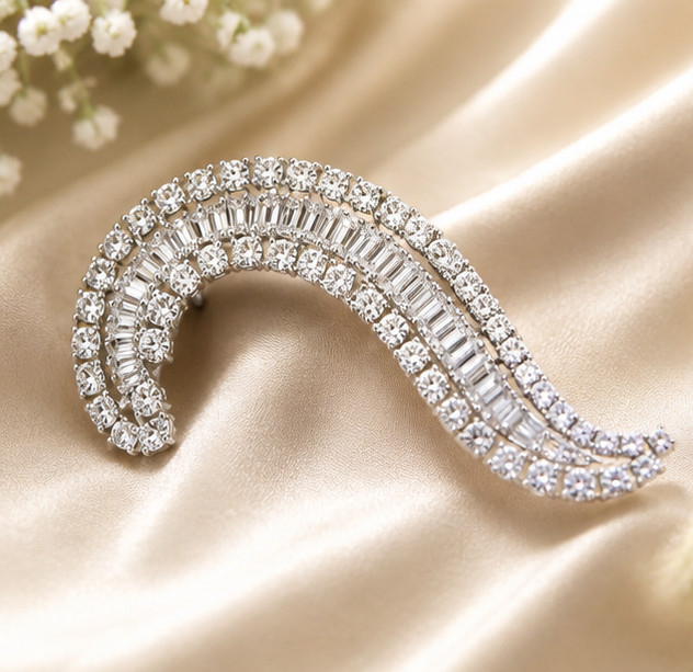 Elegant 3Ct Simulated Diamond Curved Wave Brooch Pin – 14K White Gold Plated