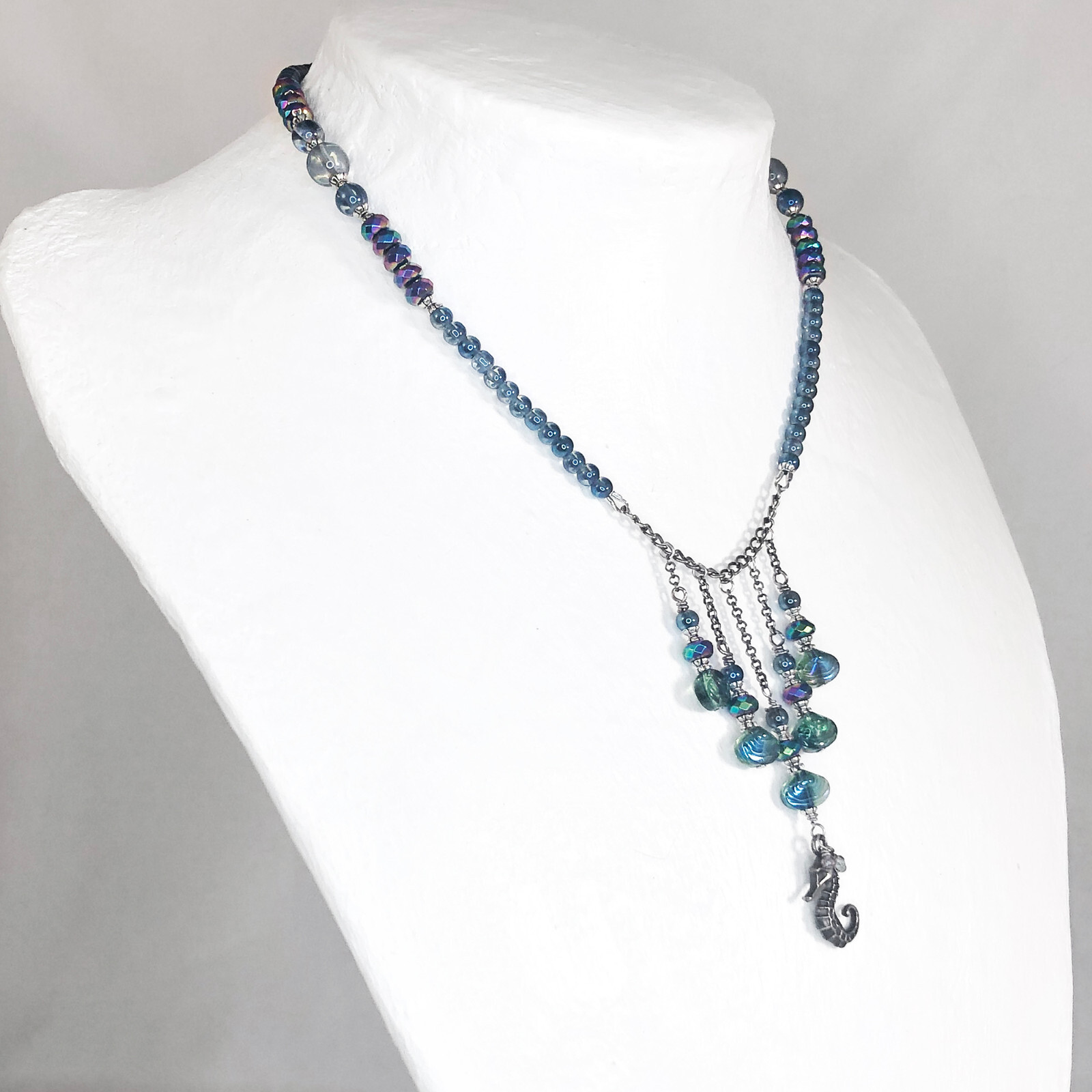 Seahorse Choker, Titanium Coated Quartz, Faceted Hematite, Glass Seashell Neckla
