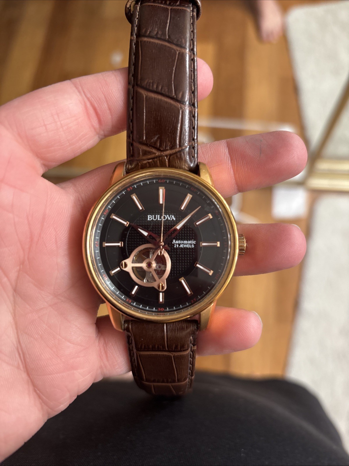 Bulova Automatic 21 Jewels Skeleton Black Waffle Dial Rose Gold Tone C477794