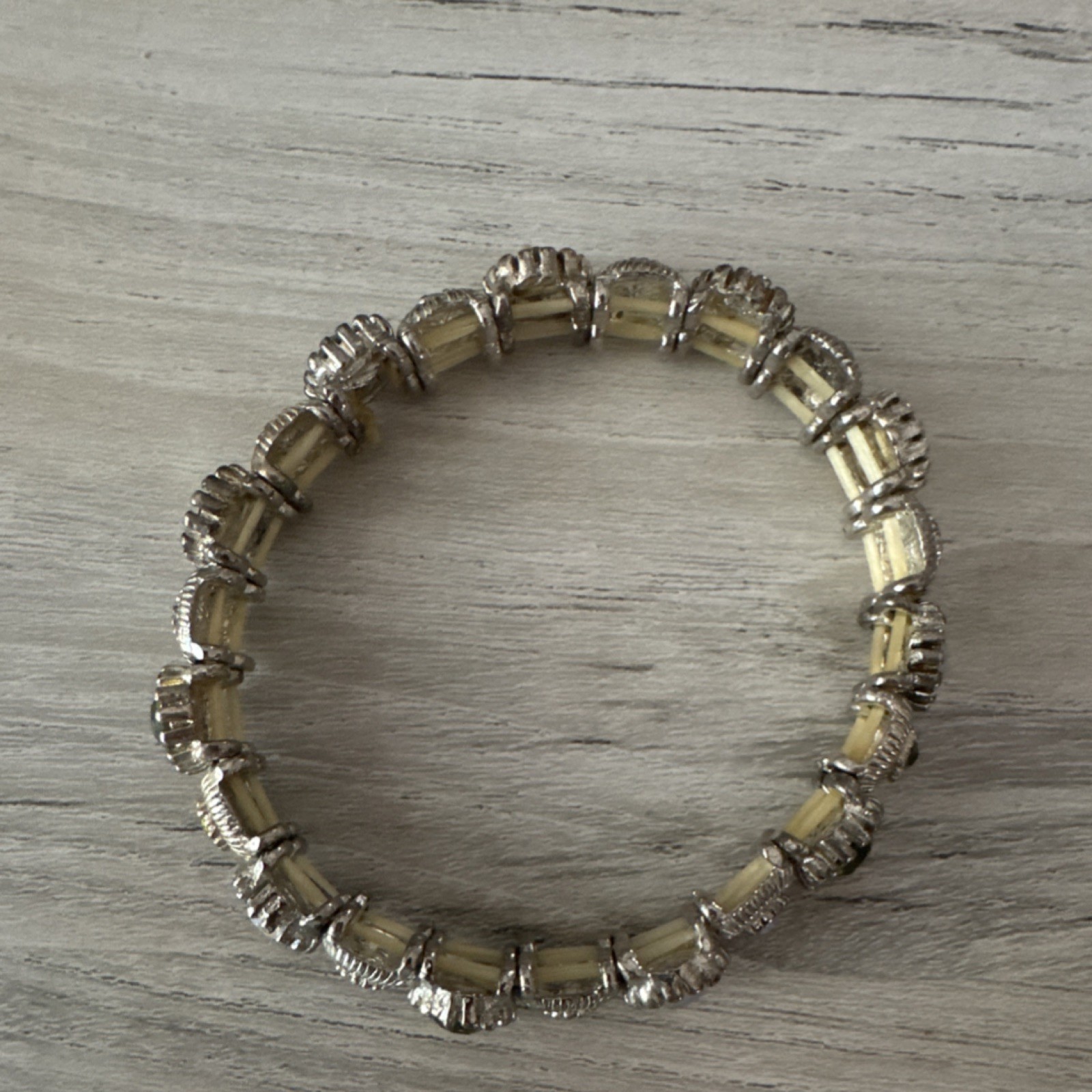 Silver Tone Stretch Tennis Bracelet Green & Clear Round Crystal Rhinestones
