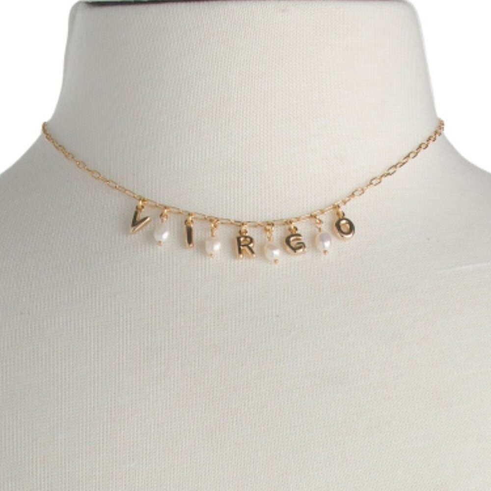 NWT LUNA NORTE Virgo Gold Tone Pearl Astrological Lettering Necklace w/ Gift Box