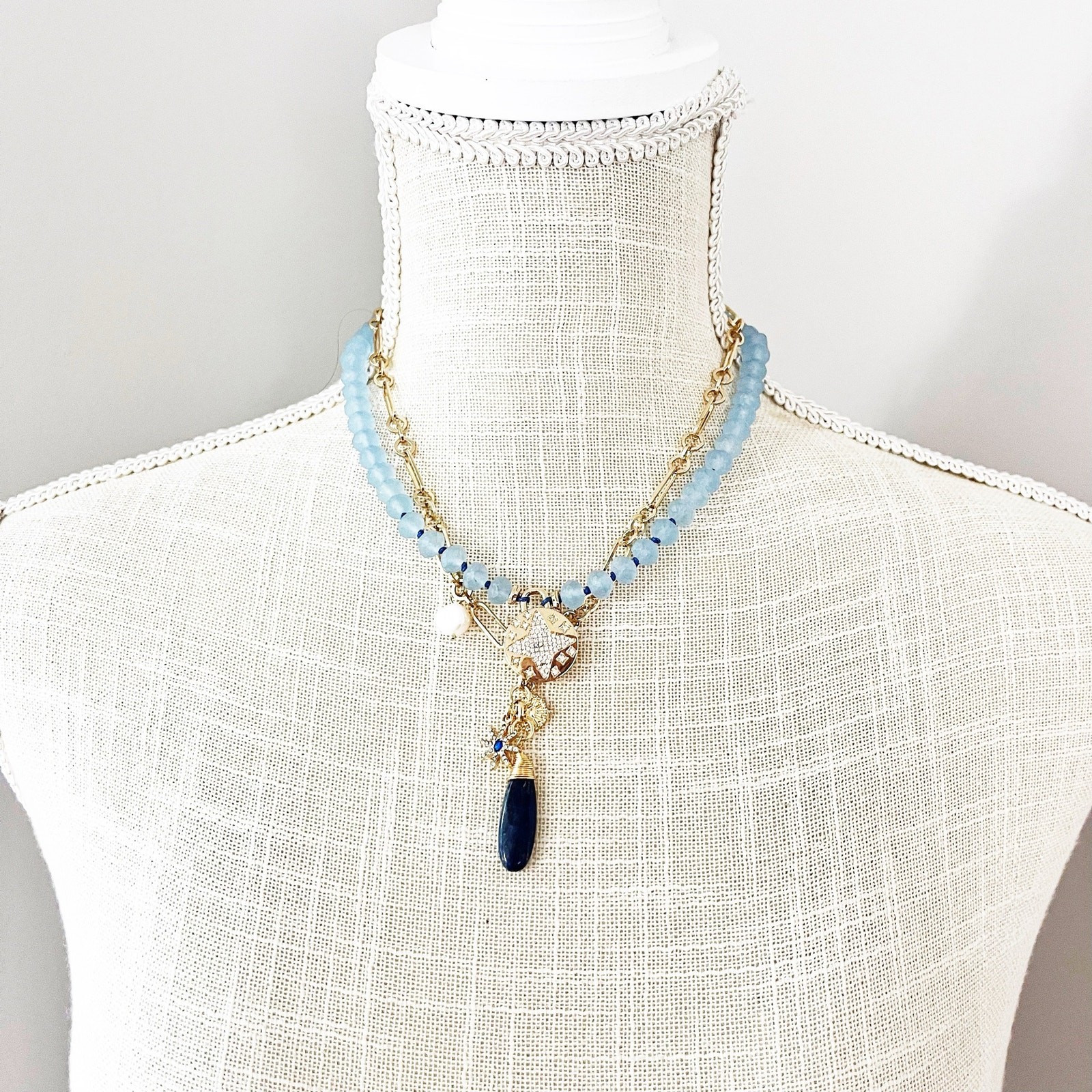 NEW White House Black Market WHBM Blue Bead & Pave Star Charm Necklace